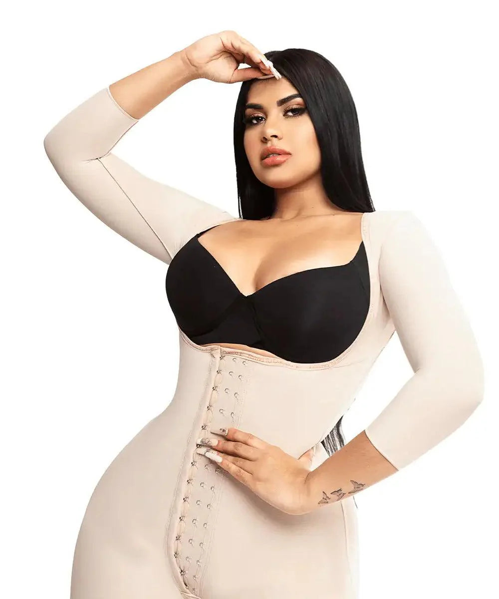 Full hourglass girdle - long sleeves up to the knee with perineal zipper and central clasp 0025