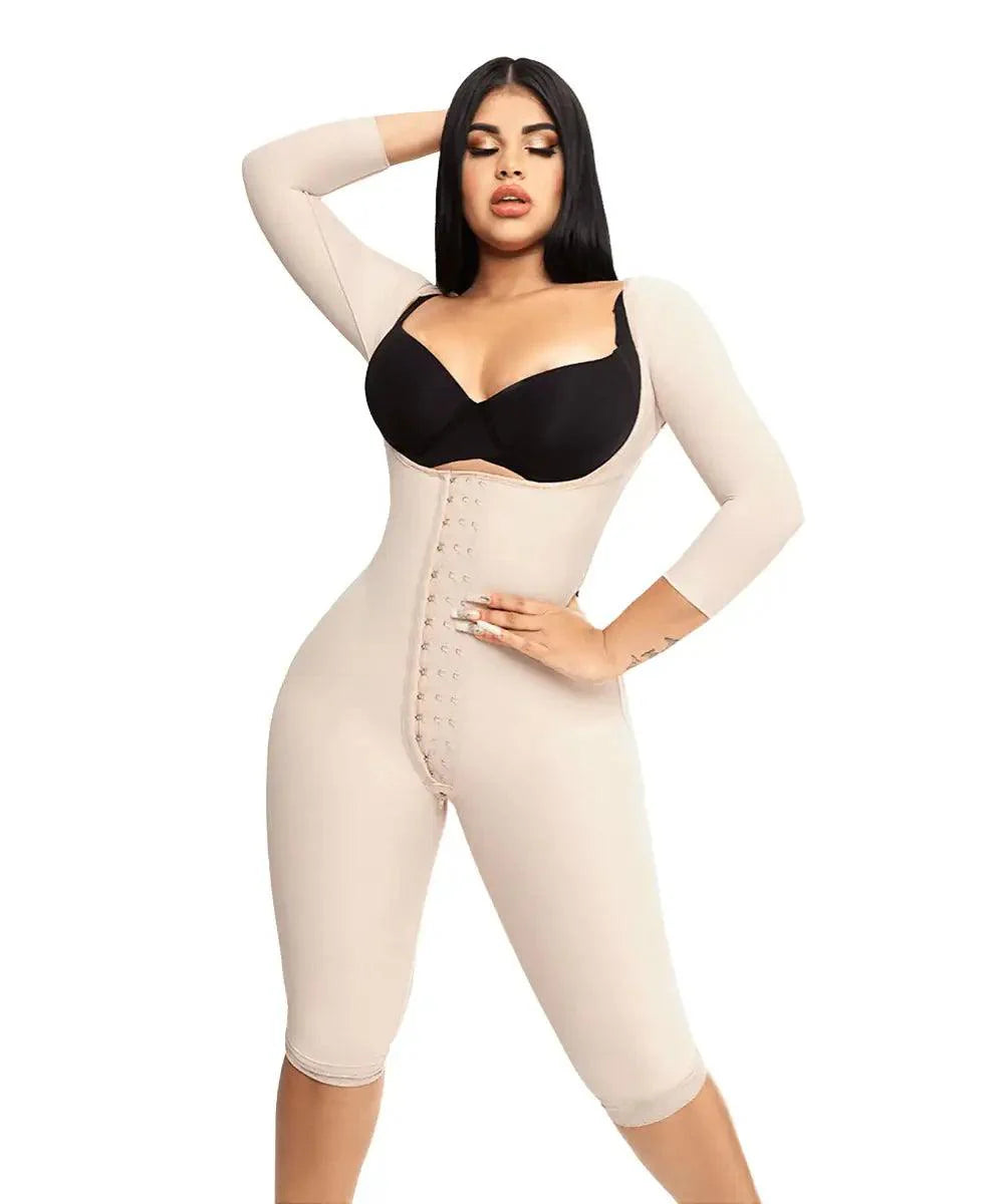 Full hourglass girdle - long sleeves up to the knee with perineal zipper and central clasp 0025